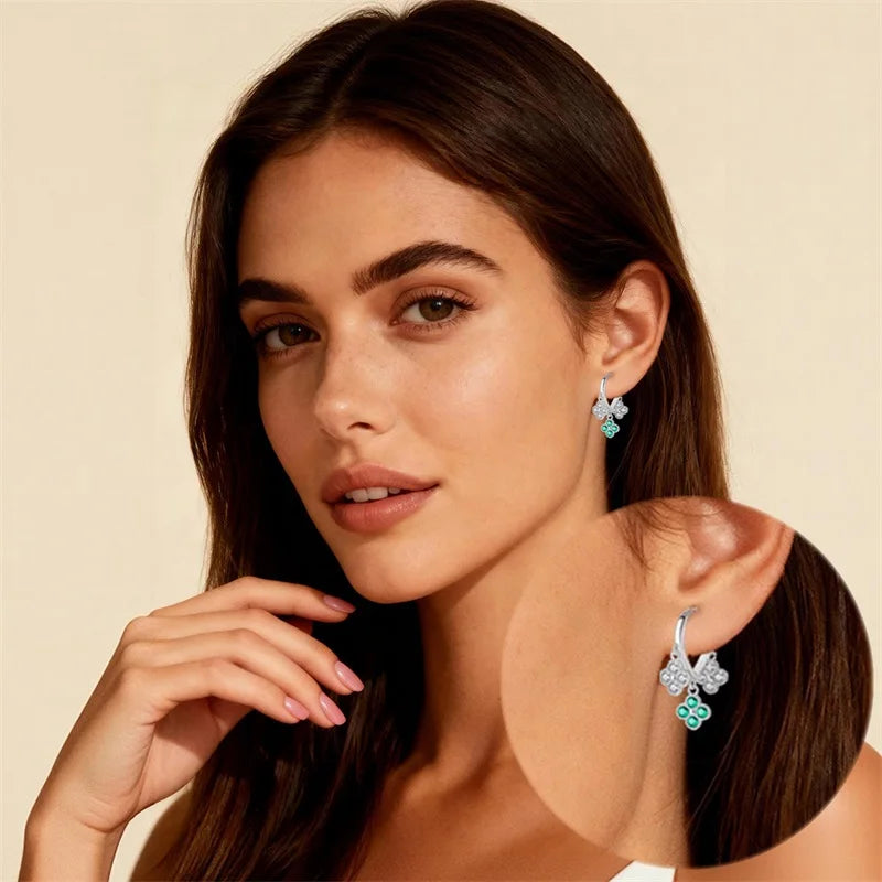 925 Sterling Silver Zircon Drop Earrings — Four-Leaf Clover & Star Designs