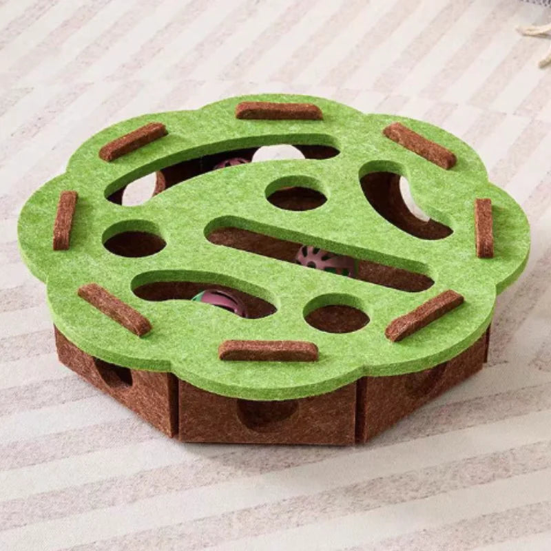 Interactive felt cat puzzle maze with holes, bell ball, and kitten toys from Prime Deal Zone for playful feline entertainment.