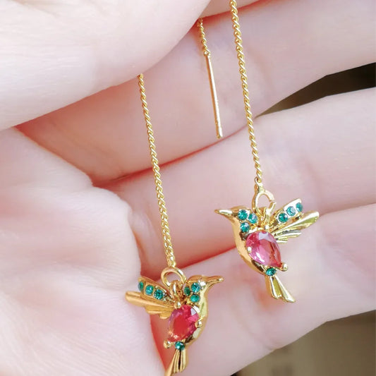 Hand-carved bird-shaped long tassel earrings for women featuring red and green synthetic zircon from Prime Deal Zone jewelry collection.