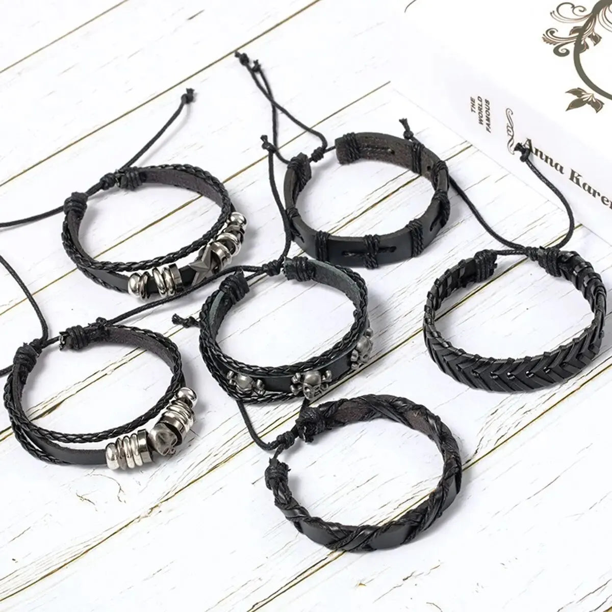 6-piece black punk skull and star bracelet set - view 4