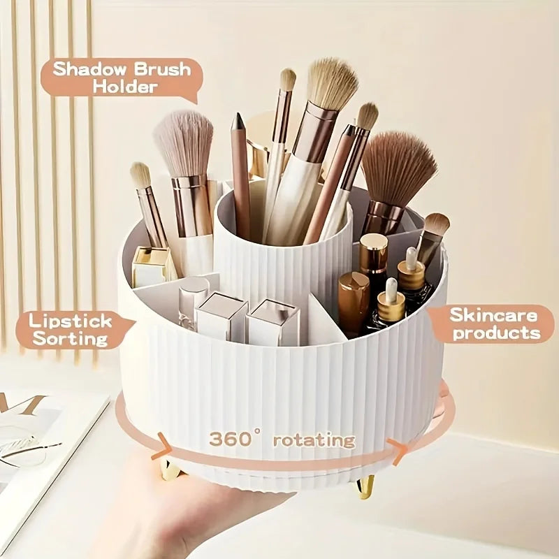 Prime Deal Zone 360-degree rotating cosmetic storage box with five compartments for brushes and makeup organization.