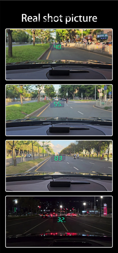 HD Car Head Up Display M2 by Prime Deal Zone showing digital GPS speedometer with KM/H on a vehicle windshield projection.