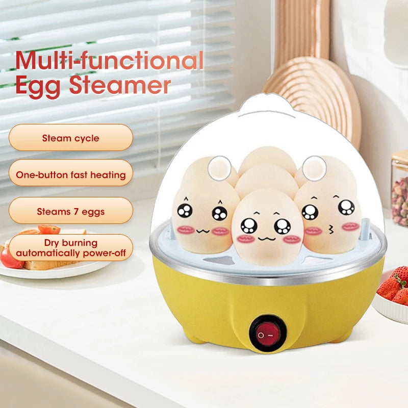 Prime Deal Zone automatic egg cooker with 7-egg capacity, steaming tray, and power-off feature for boiled and steamed eggs.