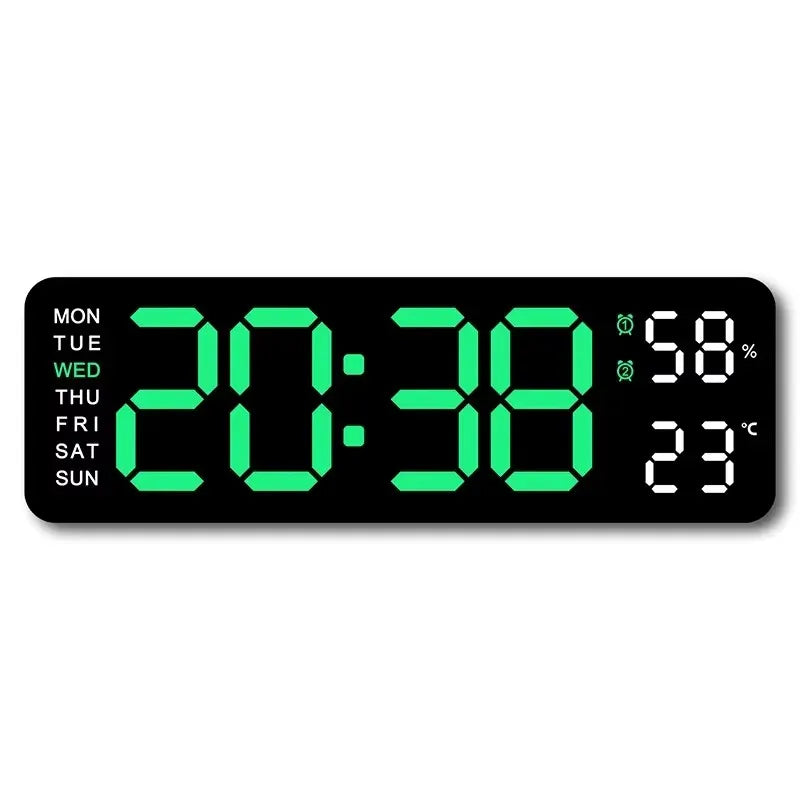Large digital wall clock by Prime Deal Zone showing temperature, humidity, week display, adjustable brightness, and 12/24-hour format.
