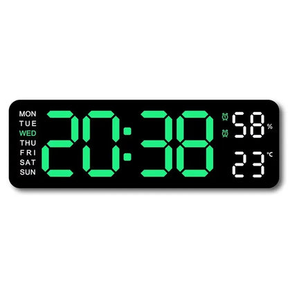 Large digital wall clock by Prime Deal Zone showing temperature, humidity, week display, adjustable brightness, and 12/24-hour format.