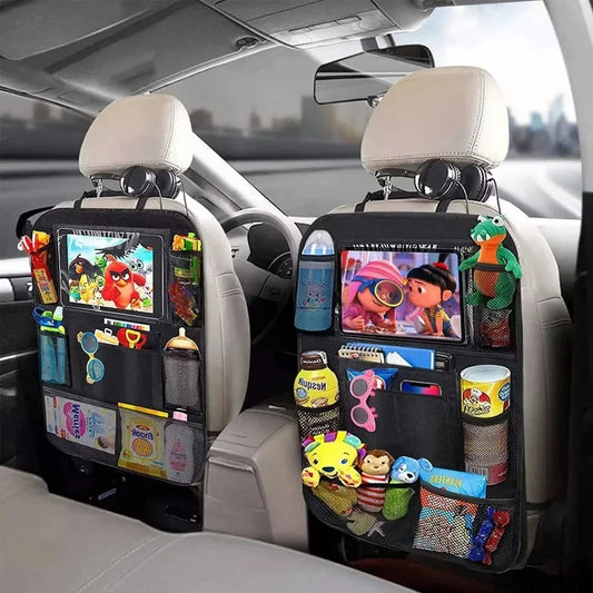 Multifunctional car seat organizer by Prime Deal Zone with multiple pockets, tablet holder, made of durable Oxford fabric for kids.