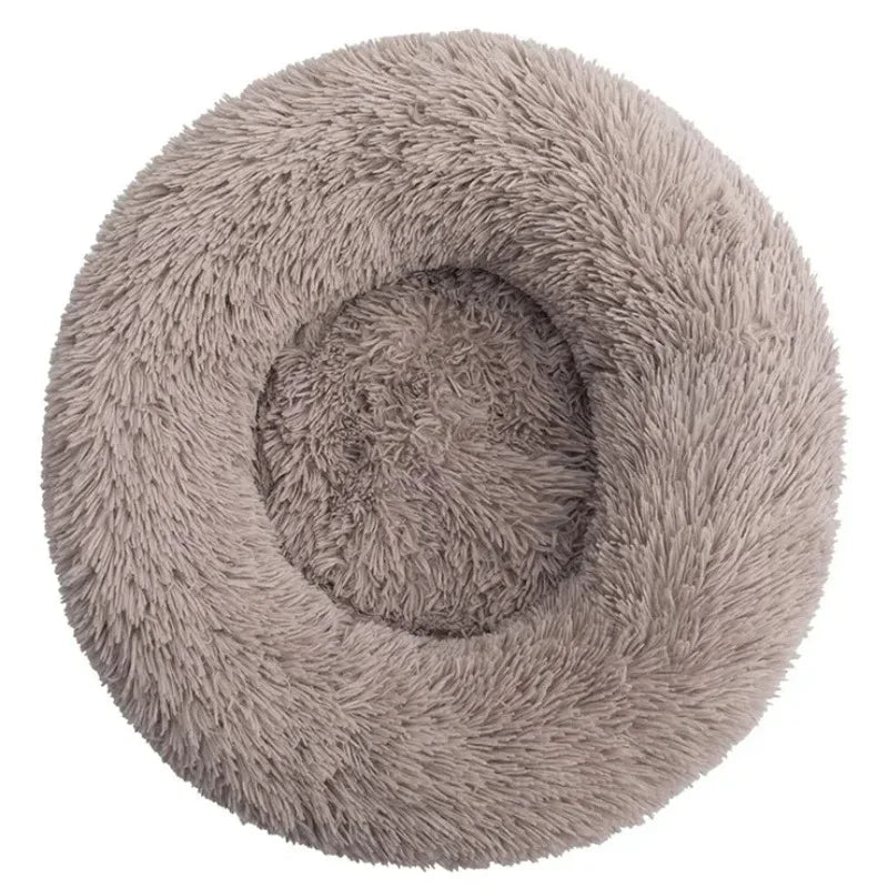Soft plush round pet bed in six sizes for large dogs and cats, ideal for winter warmth and cozy sleeping by Prime Deal Zone.
