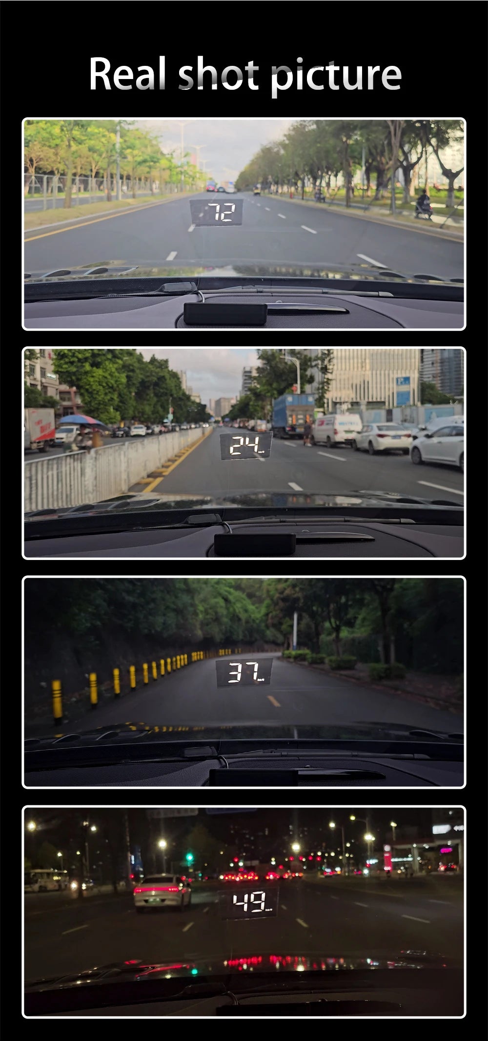 HD Car Head Up Display M2 by Prime Deal Zone showing GPS speedometer, digital KM/H readout projected on vehicle windshield