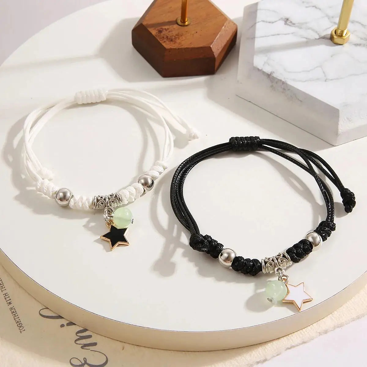 luminous glow bead couple bracelet set, stars moons and hearts - view 2