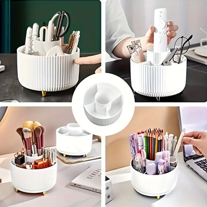Prime Deal Zone 360-degree rotating cosmetic storage box with five compartments for brushes and beauty essentials.