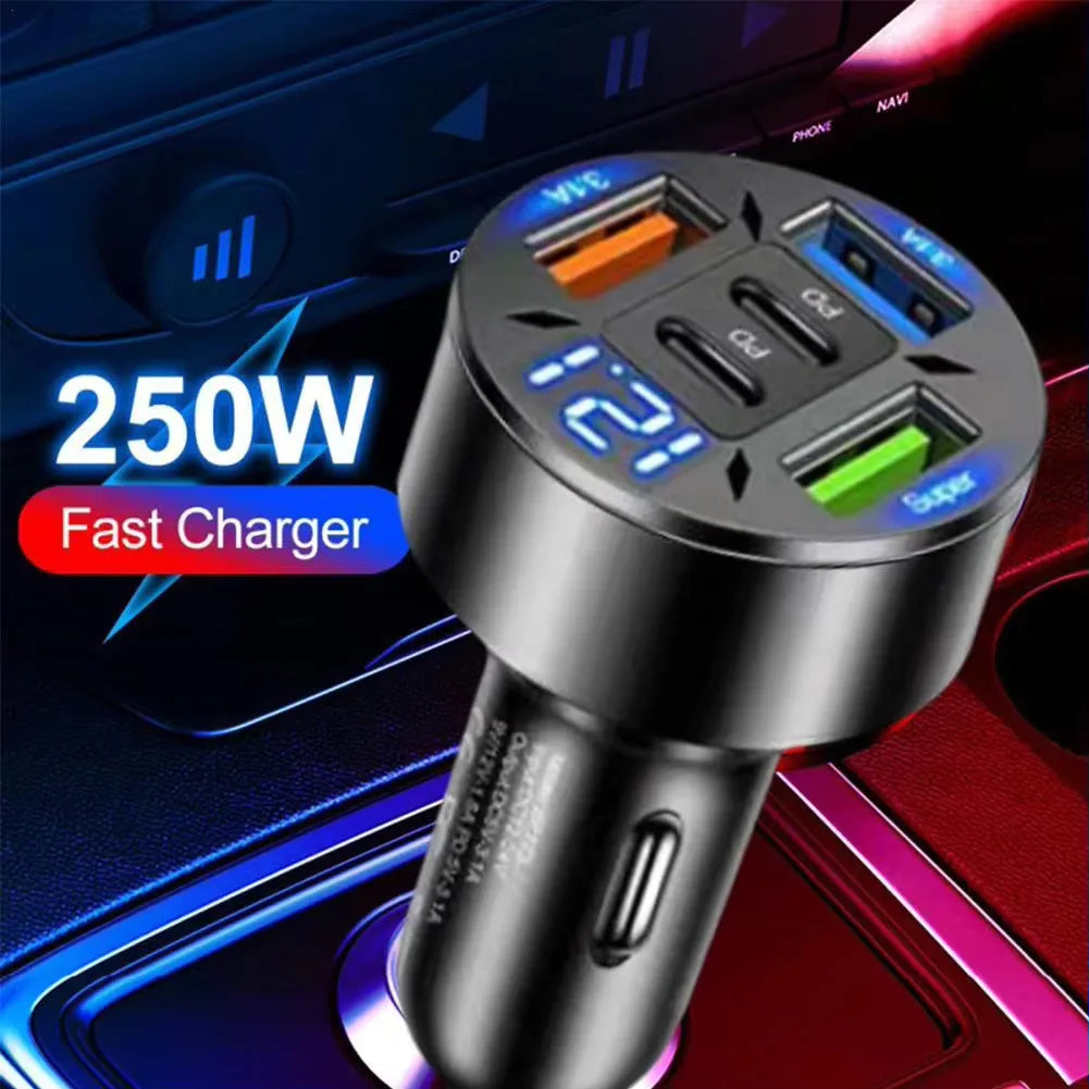 Prime Deal Zone 250W 5 ports USB C car charger with fast PD QC3.0 charging for iPhone and smartphones, in-car power adapter