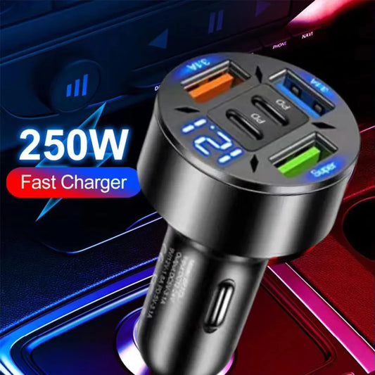 Prime Deal Zone 250W 5 ports USB C car charger with fast PD QC3.0 charging for iPhone and smartphones, in-car power adapter