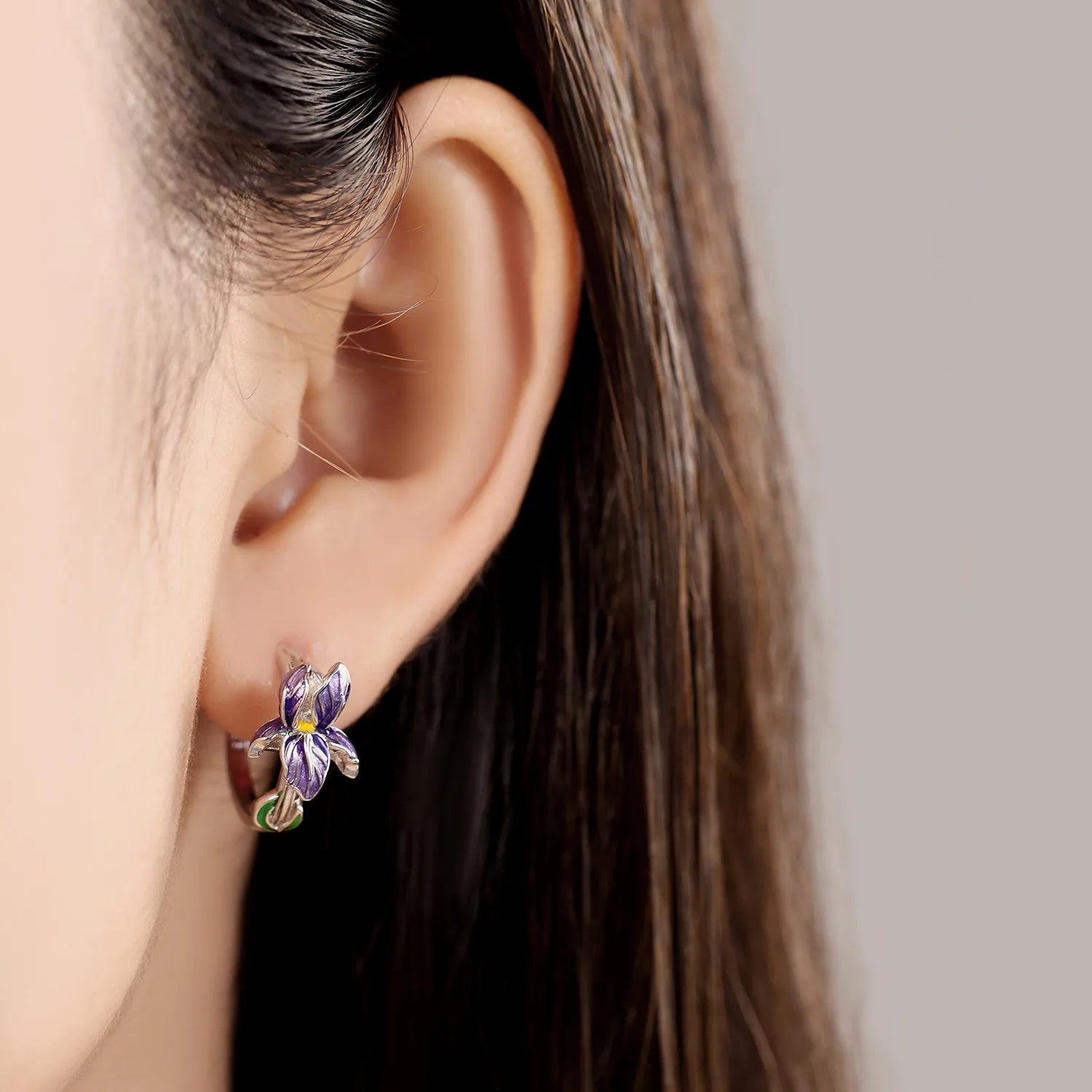 Sterling silver purple iris flower hoop earrings - view 8