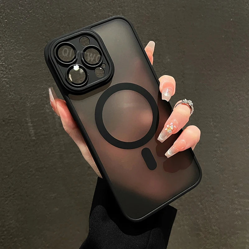 Luxury matte armor magnetic wireless charging case for iPhone 11 to 17, shockproof, Prime Deal Zone, compatible with MagSafe.