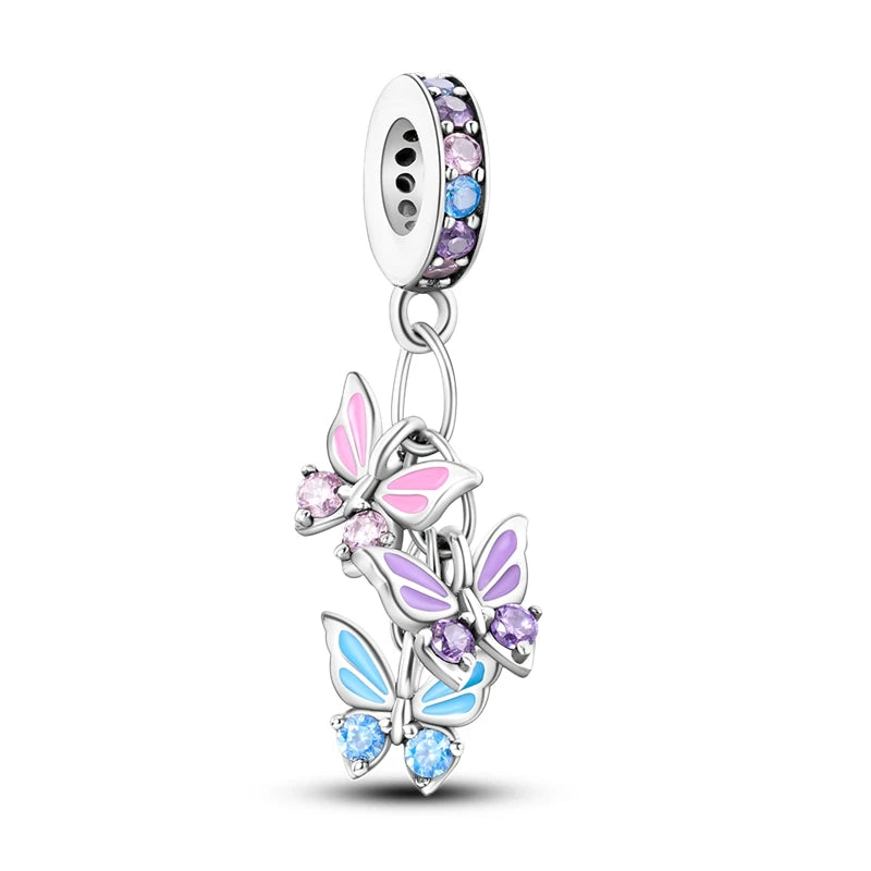 925 Silver-Plated Butterfly Charm Beads, Multicolour