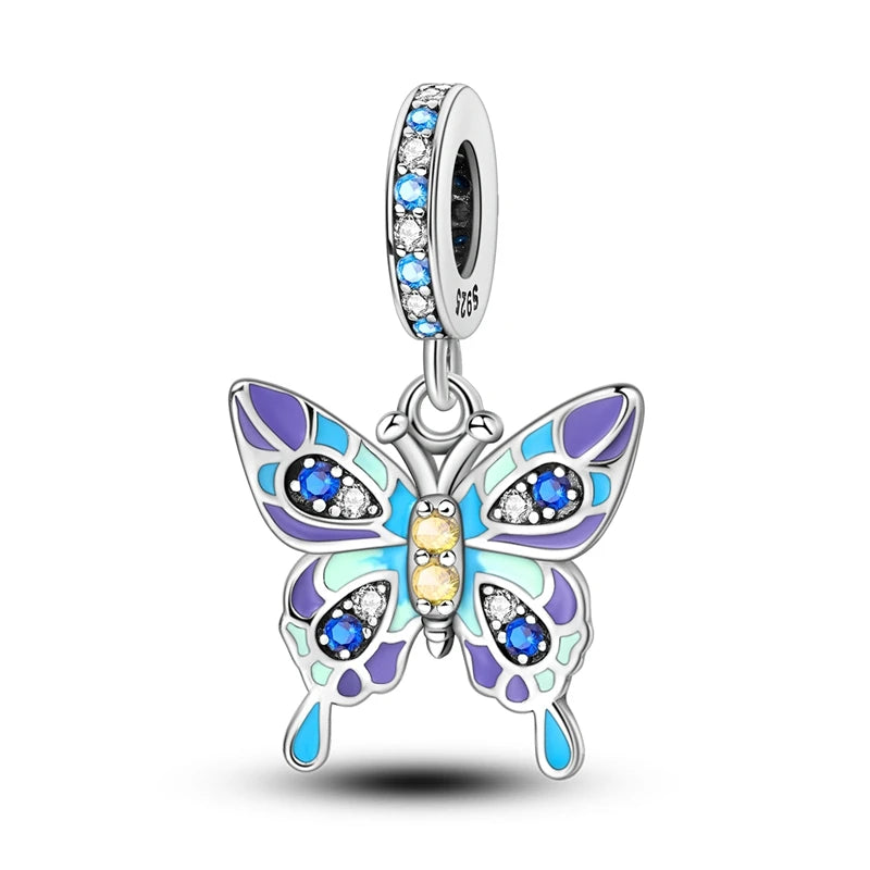 925 Silver-Plated Butterfly Charm Beads, Multicolour