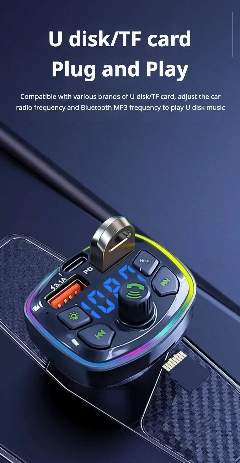 Prime Deal Zone Q7 Car Bluetooth FM Transmitter with dual USB PD charging, hands-free calling, and MP3 playback in a car interior