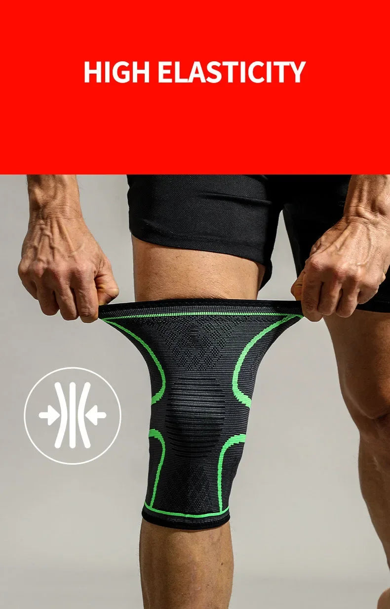 Prime Deal Zone elastic breathable compression knee support sleeve for basketball, running, and cycling, shown on a model's knee.