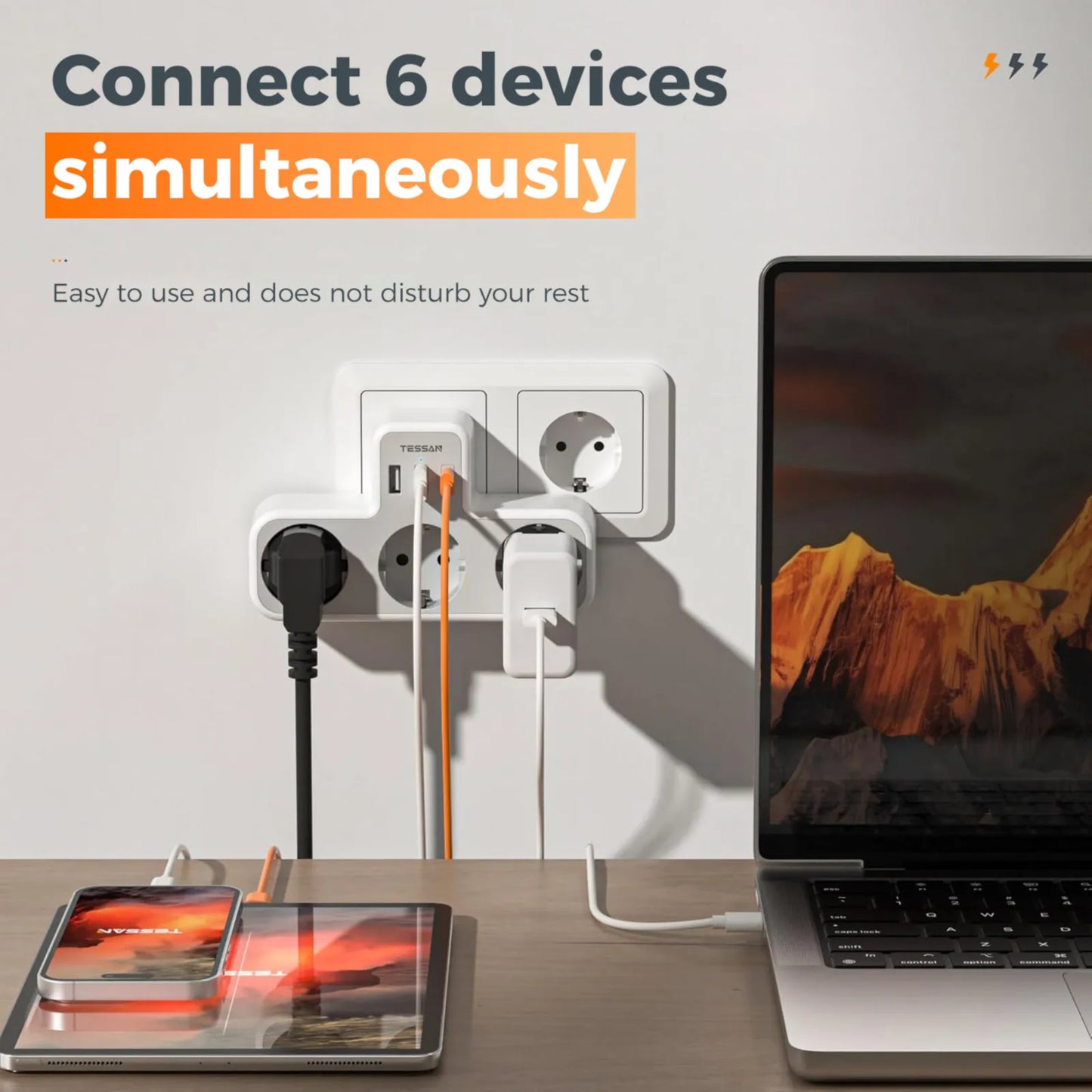 TESSAN EU Plug 6-in-1 Power Strip | 3 AC Outlets + 2 USB-A + 1 USB-C Wall Charger Adapter for Home & Office