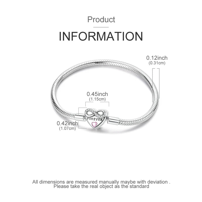 925 Sterling Silver Heart Zircon Snake Chain Bracelet — Multiple Designs, 17–20cm