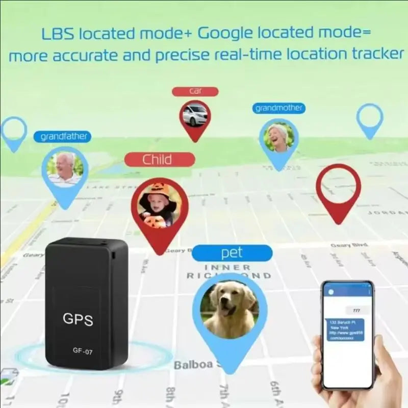 Mini portable Prime Deal Zone GPS tracking device with strong magnet and compact design, showing the device attached to a vehicle.