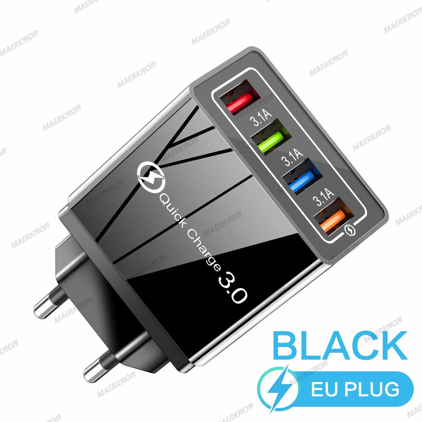 Prime Deal Zone 3A USB charger with four ports and Quick Charge 3.0, EU and US plug for fast charging iPhone, Samsung, Xiaomi, and Poco phones.