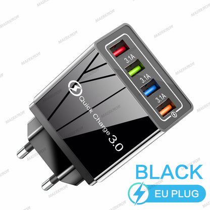 Prime Deal Zone 3A USB charger with four ports and Quick Charge 3.0, EU and US plug for fast charging iPhone, Samsung, Xiaomi, and Poco phones.