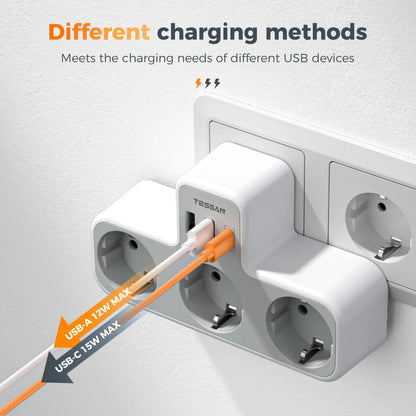TESSAN EU Plug 6-in-1 Power Strip | 3 AC Outlets + 2 USB-A + 1 USB-C Wall Charger Adapter for Home & Office