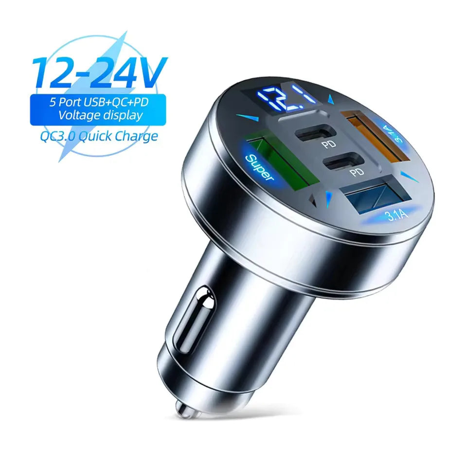 Prime Deal Zone 250W 5 Ports Car Charger with USB-C, PD, QC3.0 fast charging for iPhone and smartphones in a vehicle.