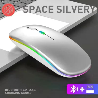 Wireless rechargeable silent LED backlit optical mouse by Prime Deal Zone, compatible with PC and laptop via Bluetooth and 2.4GHz receiver.