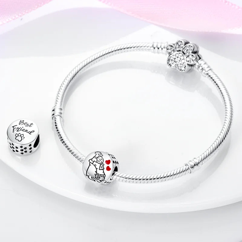 925 sterling silver pet and animal charm beads, dogs paws and hearts - view 2