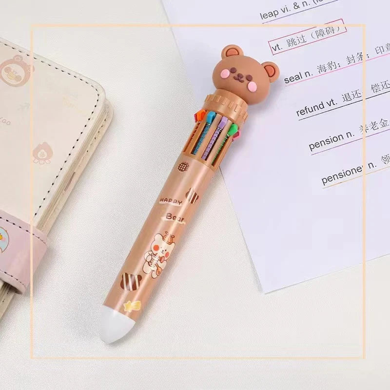 Cute bear cartoon ballpoint pen from Prime Deal Zone with 10 vibrant colors, perfect for students and office use.