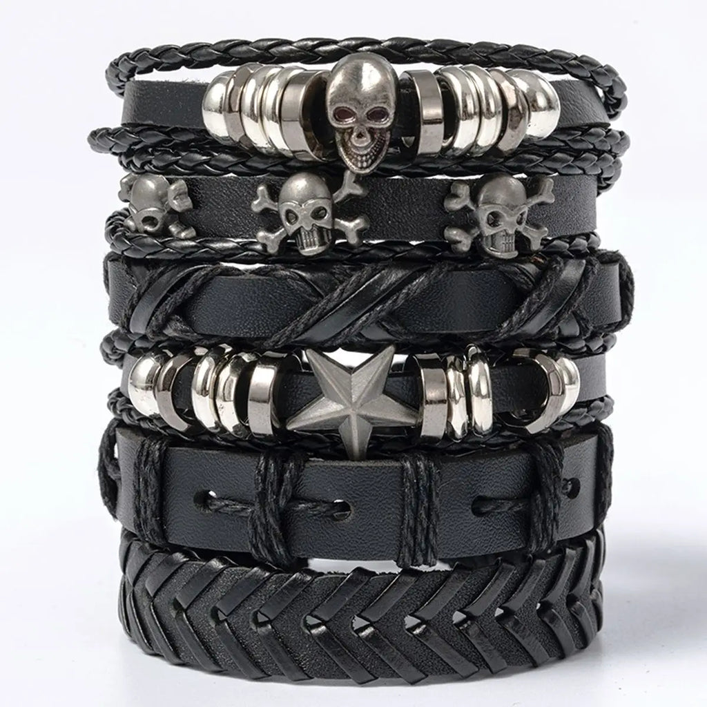 6-piece black punk skull and star bracelet set - view 1