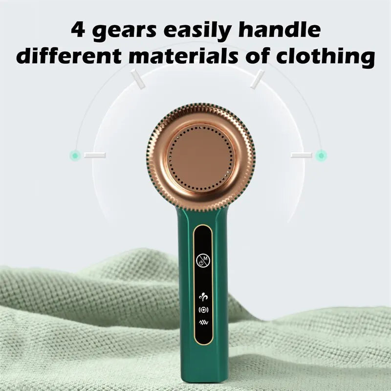 USB rechargeable fabric shaver by Prime Deal Zone, electric lint remover removing fuzz and hair balls from clothing and upholstery.