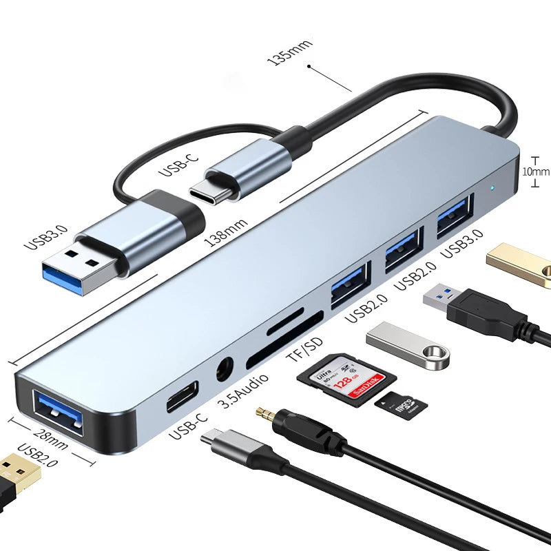 Prime Deal Zone 8-in-2 USB and Type C hub with 3.5mm audio jack, micro SD card reader, and laptop tablet disk converter.