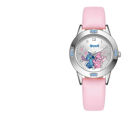 Disney Stitch girl's quartz wristwatch with cartoon Stitch design, leather strap, steel band, suitable for women and gift-giving.