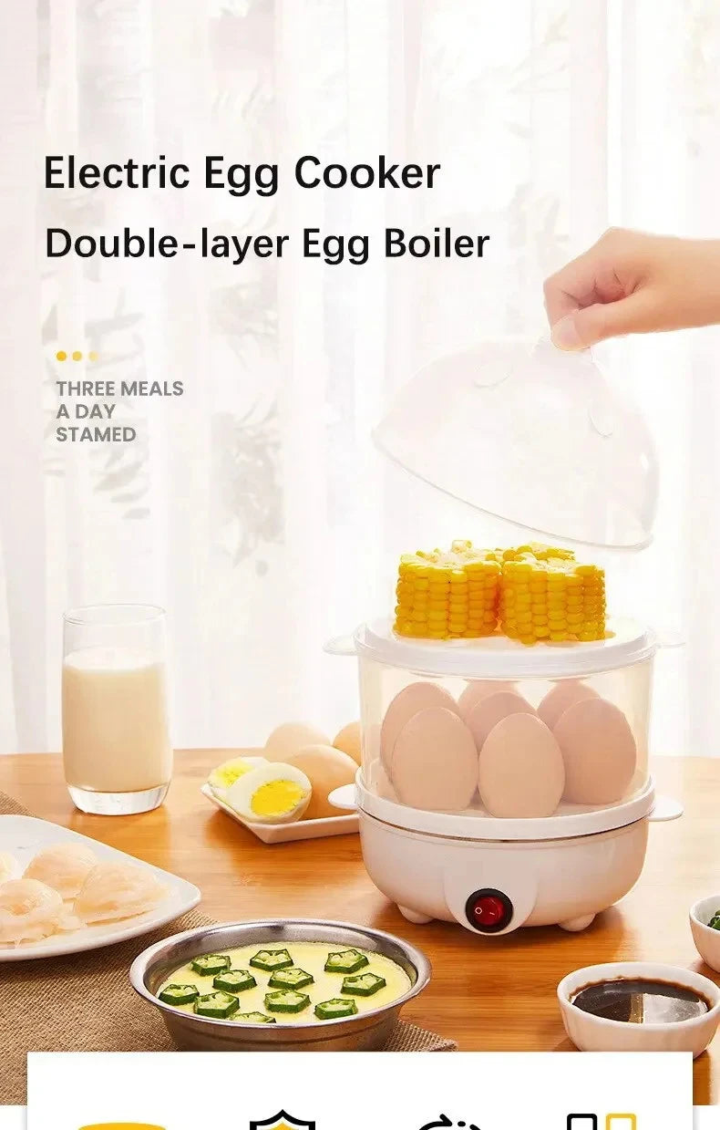 Electric egg boiler and steamer by Prime Deal Zone with double-layer design for cooking eggs and breakfast in a compact kitchen appliance.
