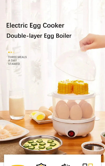 Electric egg boiler and steamer by Prime Deal Zone with double-layer design for cooking eggs and breakfast in a compact kitchen appliance.