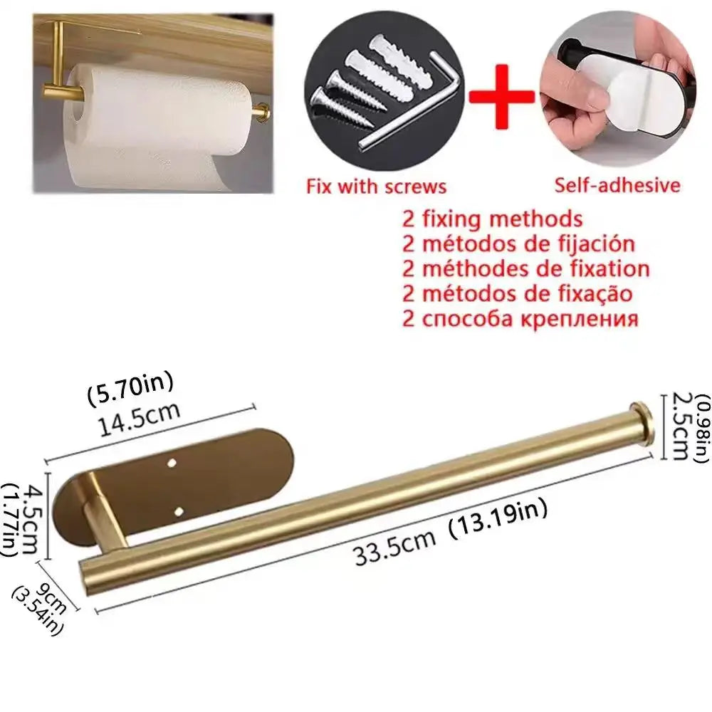 Prime Deal Zone adhesive kitchen paper towel holder and toilet roll paper dispenser mounted on bathroom cabinet for napkins and tissues.