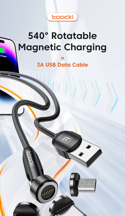 Toocki 540 rotate magnetic USB Type C cable for iPhone, Xiaomi, and Micro USB devices, with magnetic connector and fast charging capability.