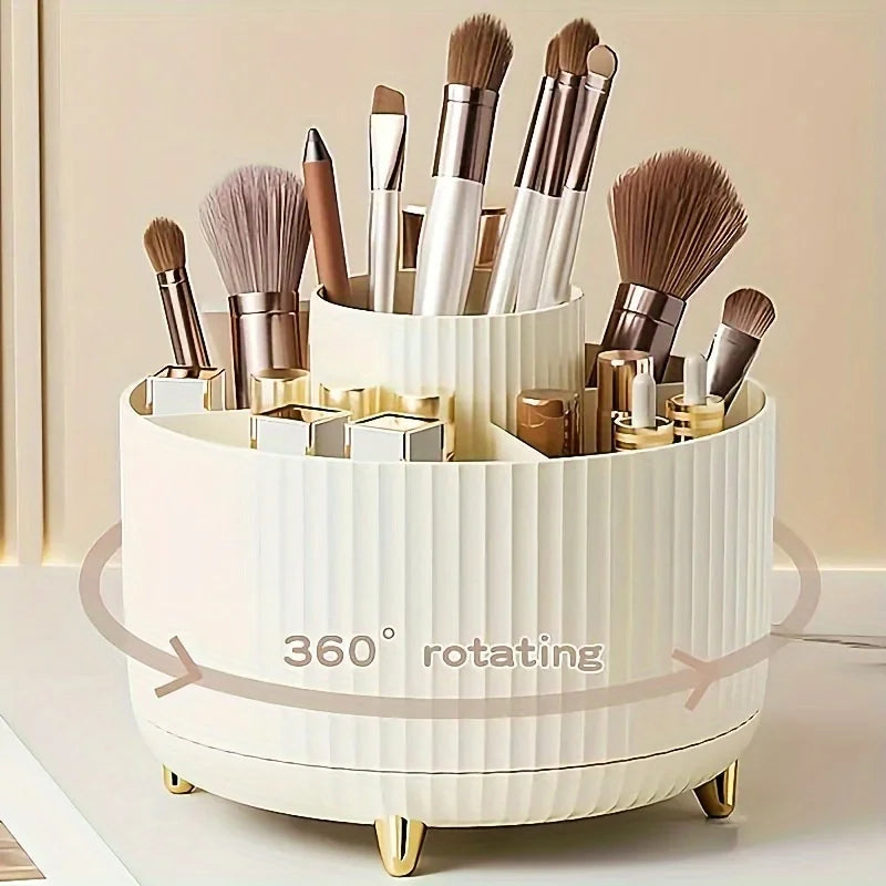 Prime Deal Zone 360-degree rotating cosmetic storage box with five compartments, ideal for organizing brushes and makeup products.