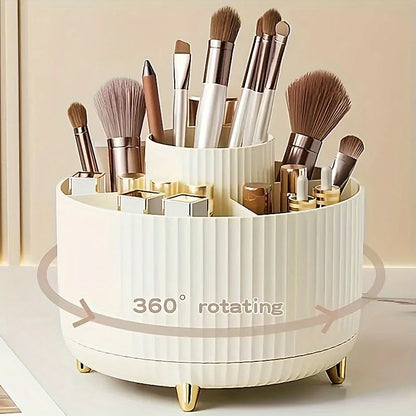 Prime Deal Zone 360-degree rotating cosmetic storage box with five compartments, ideal for organizing brushes and makeup products.