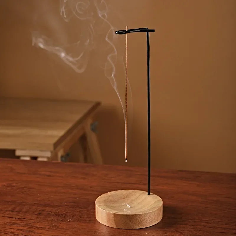 Wooden upside-down incense burner and stick holder with round tray, decorative ornament for bedroom, home, and yoga spaces.