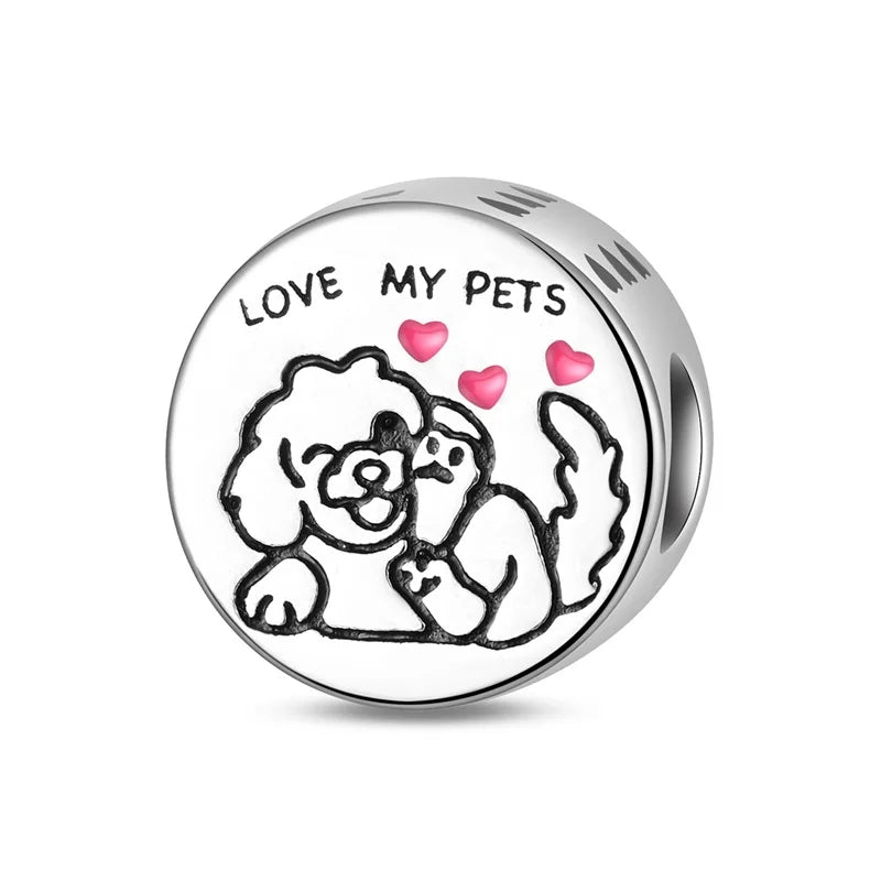 925 sterling silver pet and animal charm beads, dogs paws and hearts - view 1