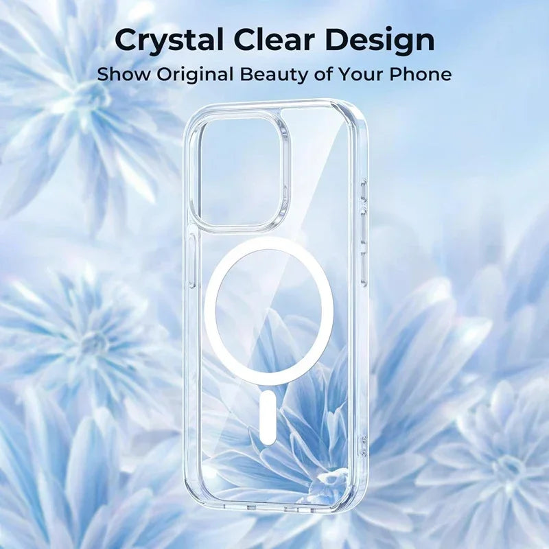 Transparent silicone magnetic case for iPhone 11 to 17 Pro Max, featuring MagSafe compatibility and clear protective design.