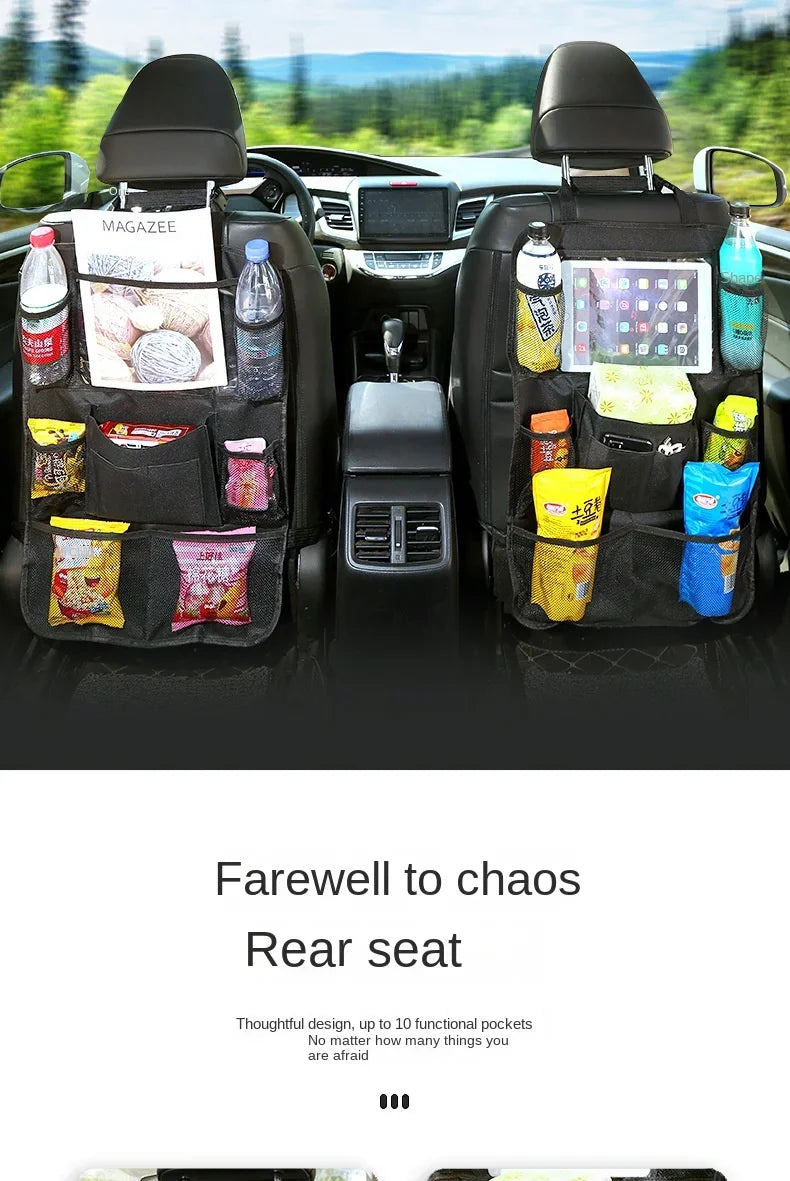 Multifunctional car seat organizer by Prime Deal Zone with multiple pockets and tablet holder, made of durable Oxford fabric for kids.