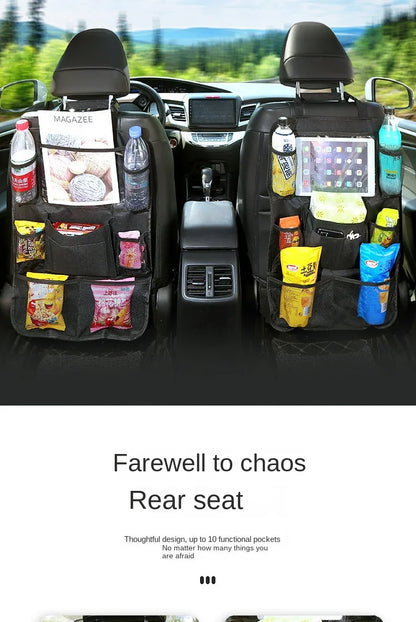 Multifunctional car seat organizer by Prime Deal Zone with multiple pockets and tablet holder, made of durable Oxford fabric for kids.
