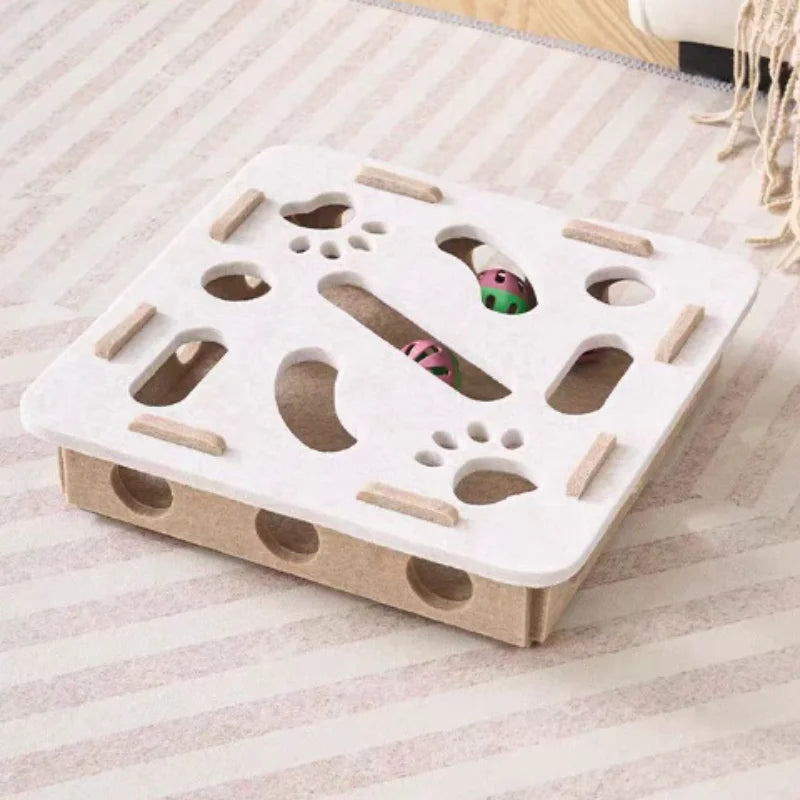Prime Deal Zone cat puzzle maze toy with felt box, bell ball, and interactive holes for kittens to play and stimulate their minds.