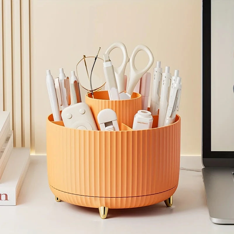 Prime Deal Zone 360-degree rotating cosmetic storage box with five compartments for brushes and makeup organization.