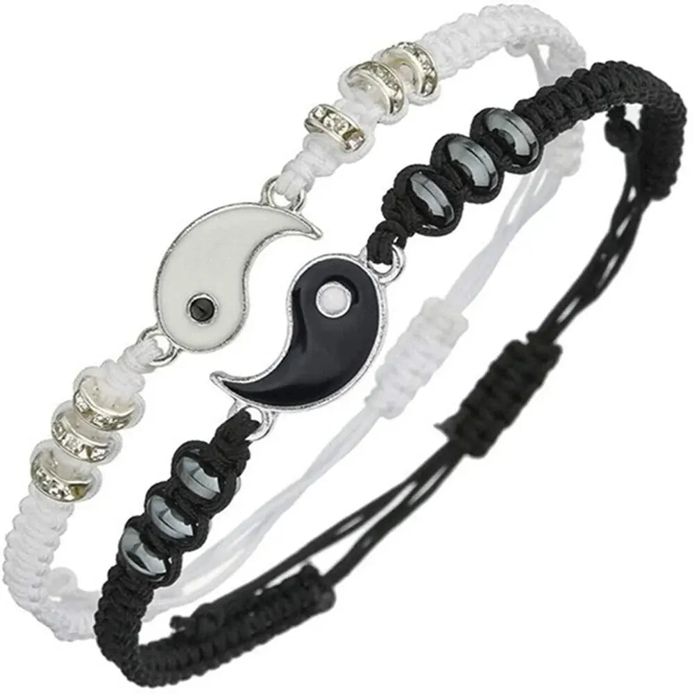 yin yang couple bracelet set, black and white rope - view 1